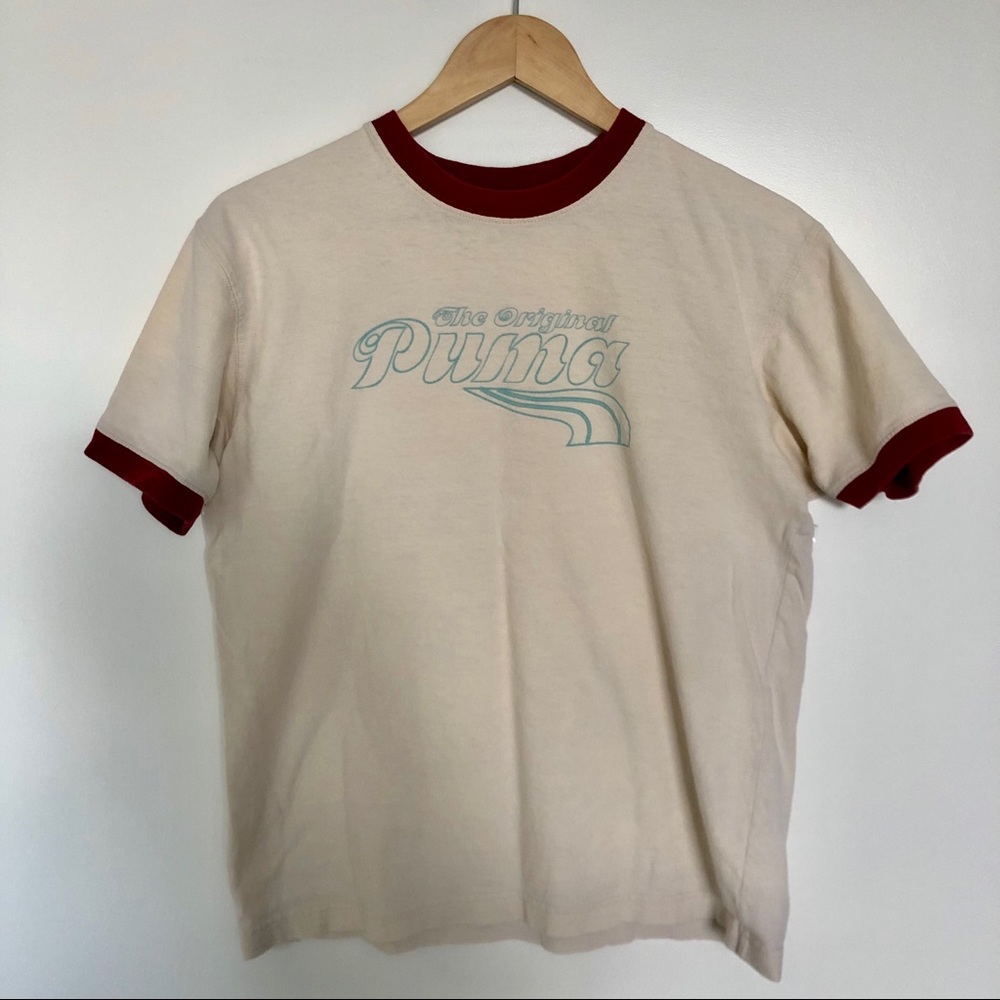 Puma T-Shirt - Beige with Maroon Piping - Small